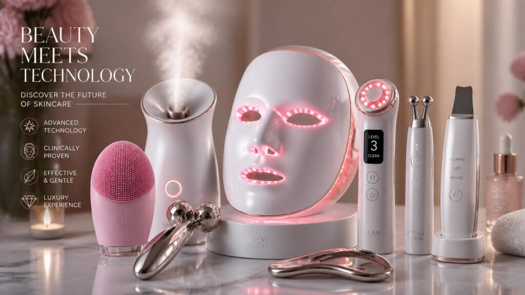 beauty and skin care tech gadgets including facial cleansing devices, led light therapy masks, microcurrent devices,