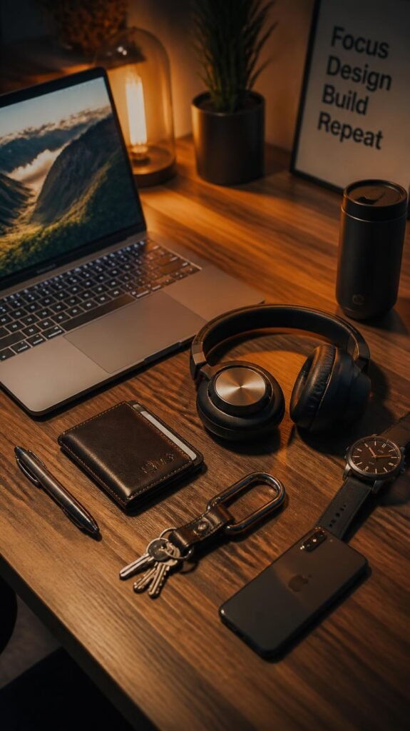 technology and everyday carry items, cinematic concept style