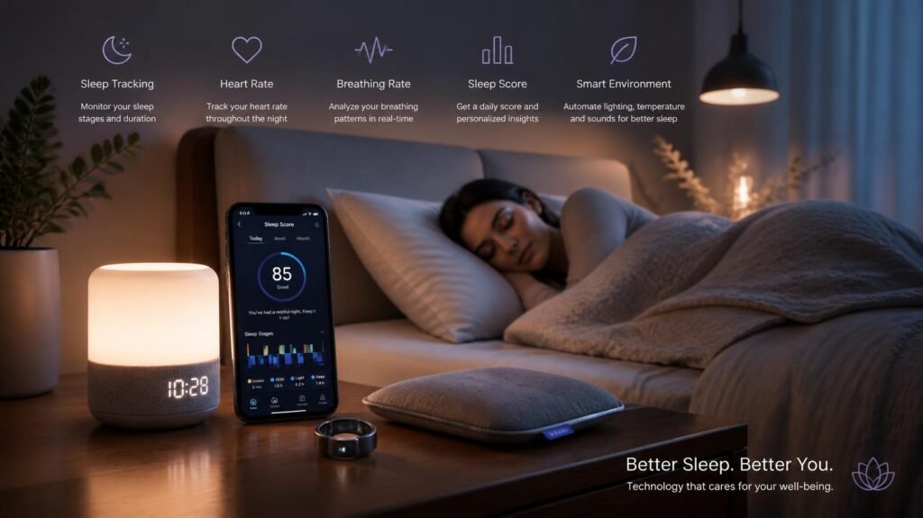 wellness and sleep tech, modern sleep technology devices, calming bedroom environment with smart devices