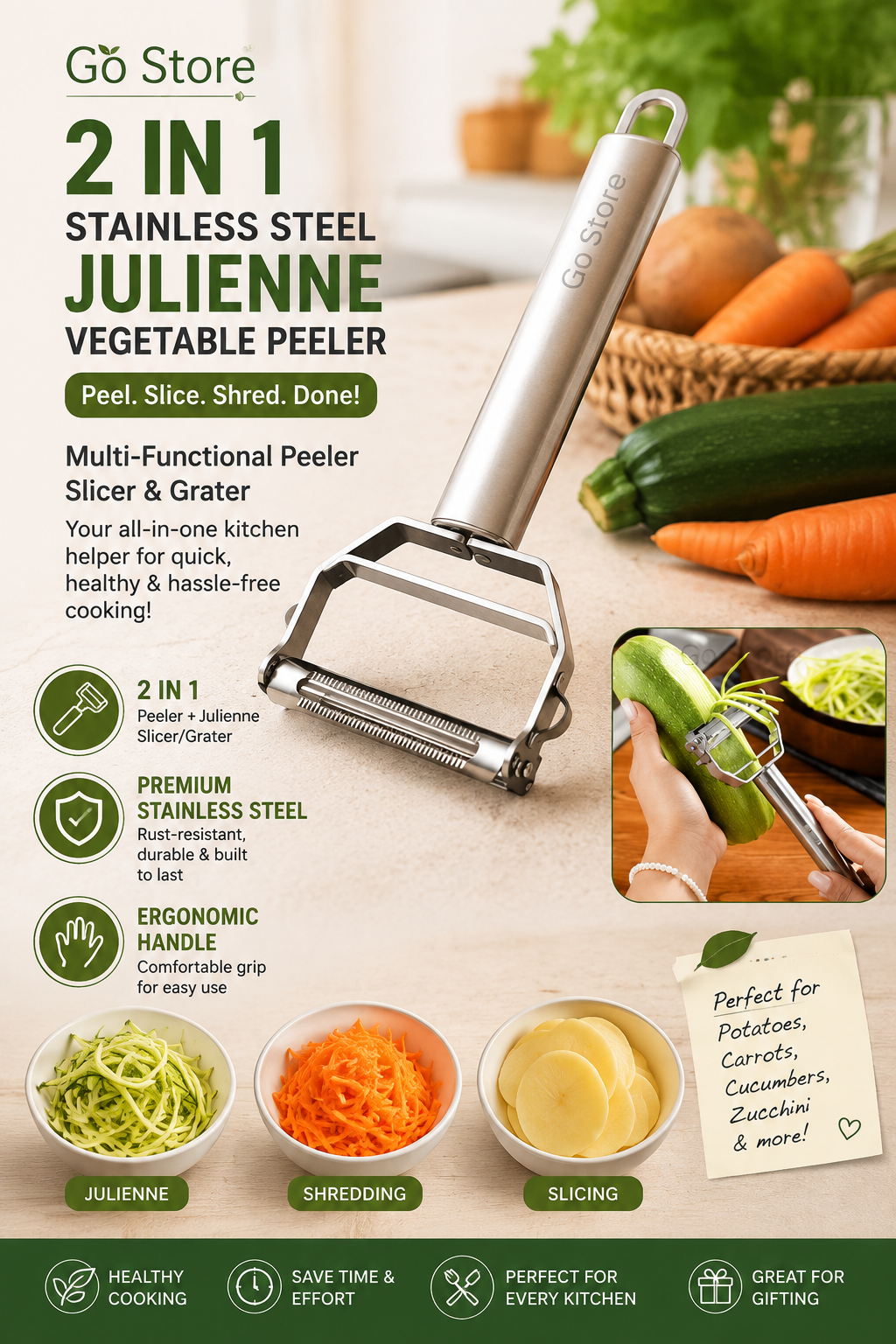 Go Store 2 in 1 Stainless Steel Julienne Vegetable Peeler