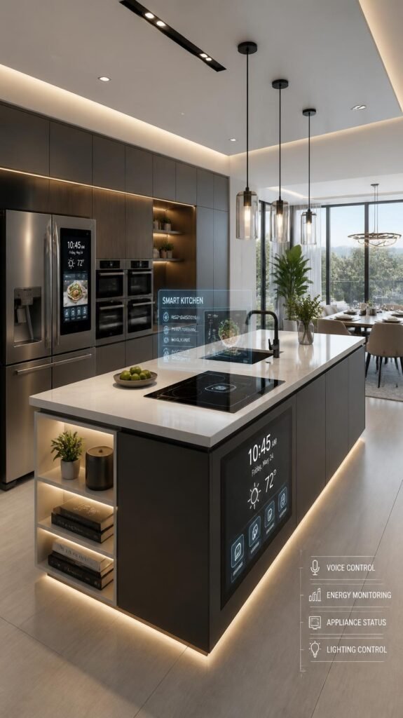smart kitchen and dining area with modern technology, sleek appliances, intelligent lighting, contemporary design