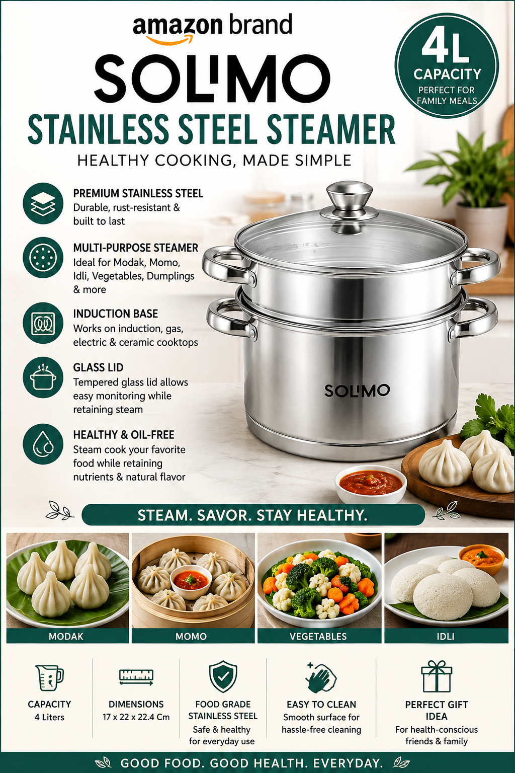 Amazon Brand - Solimo Stainless Steel Steamer Amazon Brand – Solimo Stainless Steel Steamer
